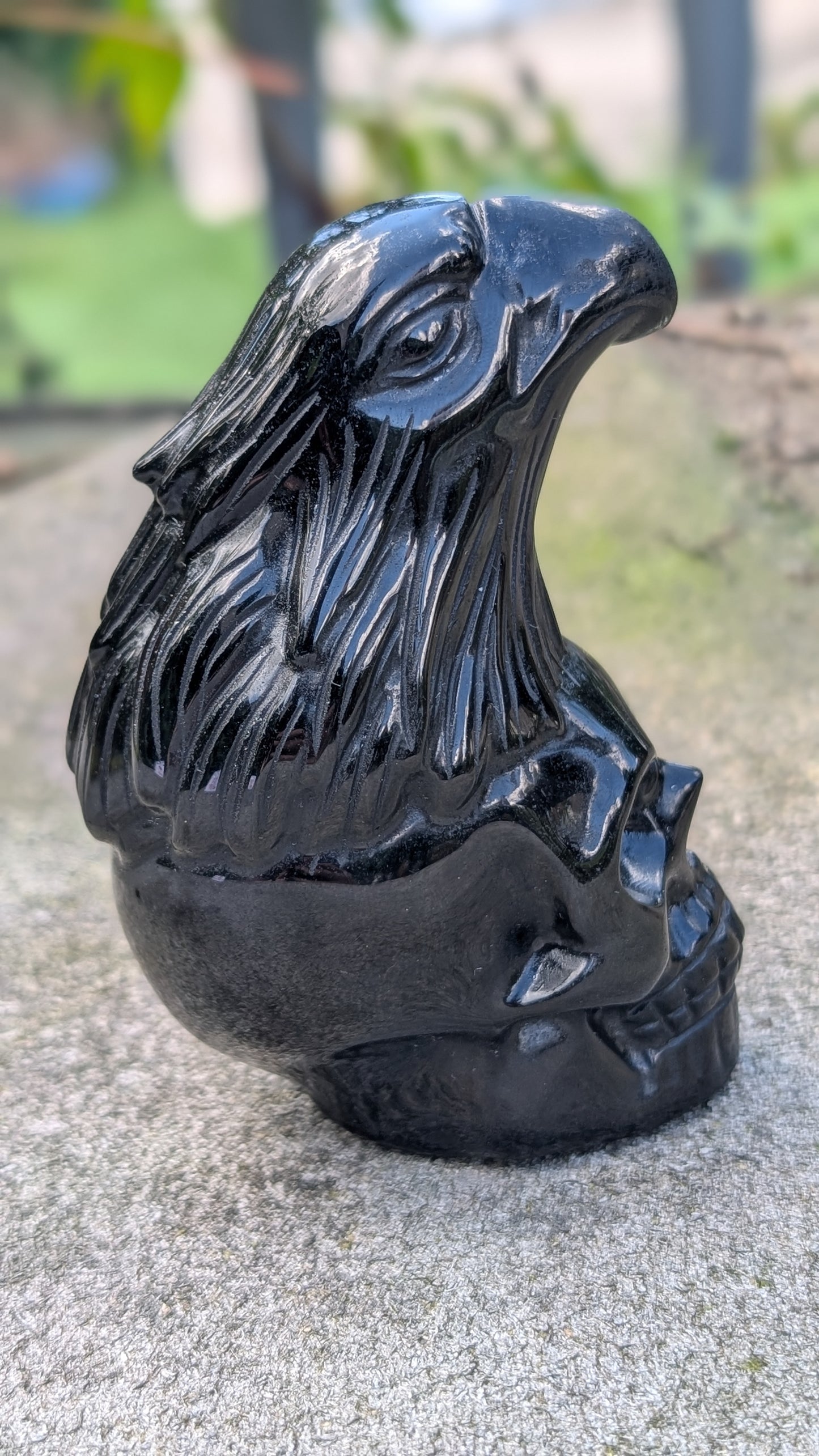 Obsidian Eagle and Skull Carving